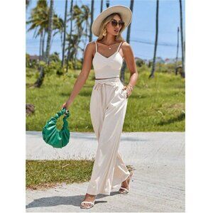 2 piece pants set: crop top and wide leg pants boho cream